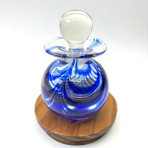 Vintage MMA Handblown Clear Glass w/ Blue Swirl Pattern Perfume Bottle w/ Dauber